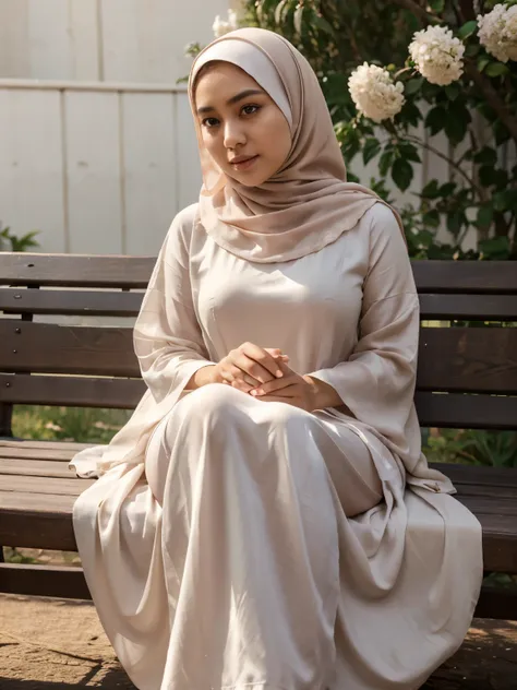 ( Close Up),RAW, Best quality, high resolution, masterpiece: 1.3), beautiful Malay woman in hijab, Masterpiece, perfect fit body, beautiful big eyes, Soft smile, beautiful face, thick thighs, woman in long dress sitting on a bench with flowers , womens lon...