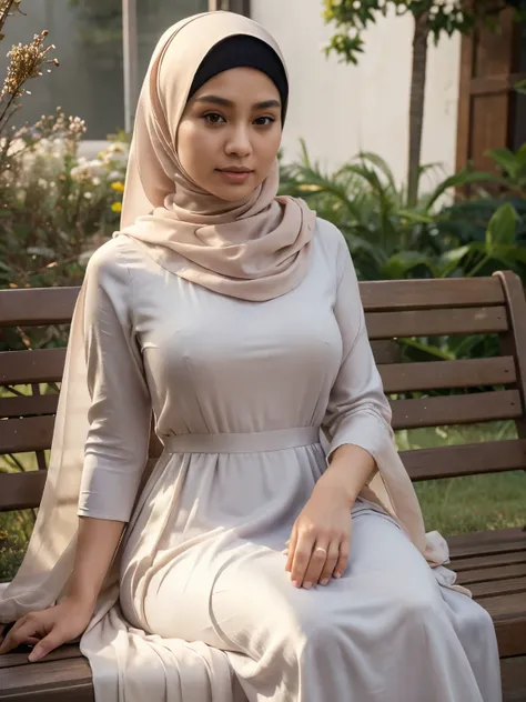 ( Close Up),RAW, Best quality, high resolution, masterpiece: 1.3), beautiful Malay woman in hijab, Masterpiece, perfect fit body, beautiful big eyes, Soft smile, beautiful face, thick thighs, woman in long dress sitting on a bench with flowers , womens lon...