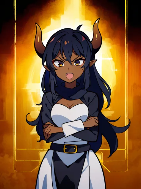 (((1girl,solo,25 years old,mature female,))),long hair, black hair,angry expression,smile,open mouth,horns,elf ears,black scarf,cleavage,((dark skin)),(white background),chibi,