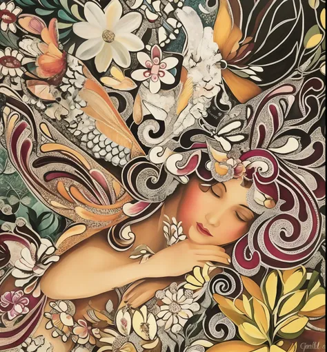 painting of a woman with a butterfly on her head and a flowered background, whimsical and psychedelic, by Penny Patricia Poppycock, inspired by Josephine Wall, psychedelic goddess, full of colors and rich detail, fantasy acrylic on canvas, goddess of love ...