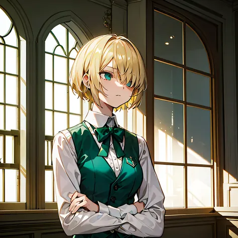 a girl with short blonde hair that covers one of her eyes, with tiny bust, wearing a long sleeve white shirt, and a emerald green waistcoat, with her arms crossed and a serious expression on her face, leaning against a window