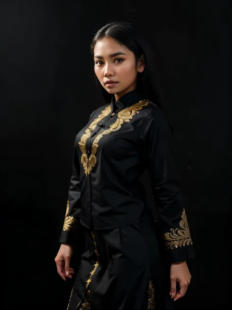 A young woman from Indonesia wearing a black Javanese kebaya hijab is standing in an interesting pose. Black background. Facial details, ultra realistic, super detailed, ultra HD, 8K Resolution