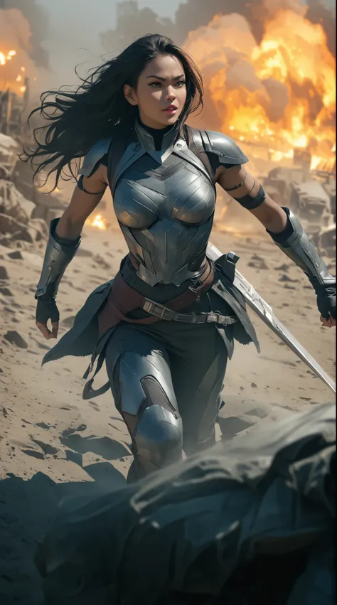 ((masterpiece)),((best quality)),((high detail)),((realistic,)) (ohwx woman), Jamie Alexander as Lady Sif from Marvel movies, fight scene, realistic, realistic skin texture, raw photo, marvel movie