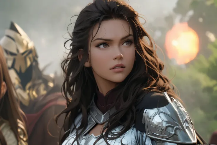 arafed woman in armor with sword and shield in a scene, jamie alexander as lady sif, furious dark haired women, film still from thor,marvel movie, of a beautiful female knight, , anime style, hair blown by the wind, long strands of hair on the face