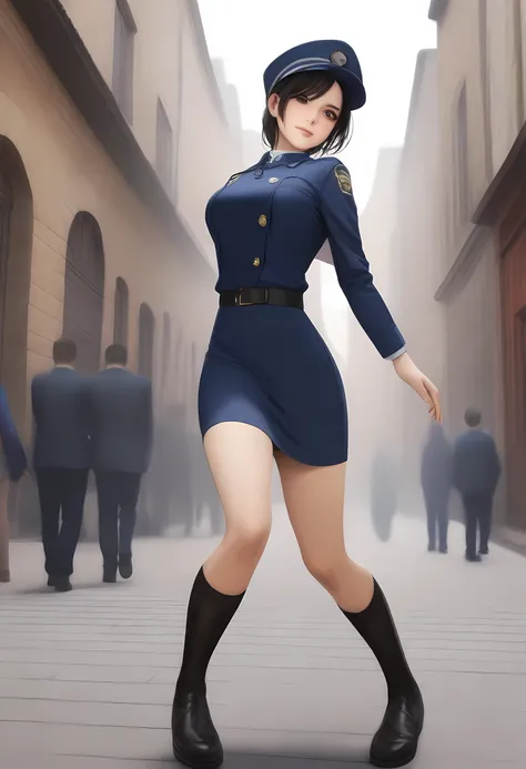 masterpiece, best quality, very aesthetic, absurdres, full body shot,(police costume:1.3), (button gap:0), police skirt, police cap, stockings with garter, on the crowed street, 1girl, tifa lockhart, final fantasy