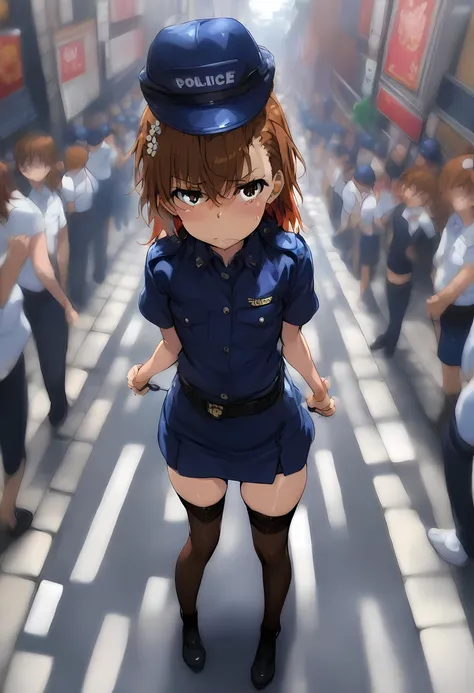 masterpiece, best quality, very aesthetic, absurdres, full body shot,(police costume:1.3), (button gap:0), police skirt, police cap, stockings with garter, on the crowed street, 1girl, misaka mikoto, toaru majutsu no index
