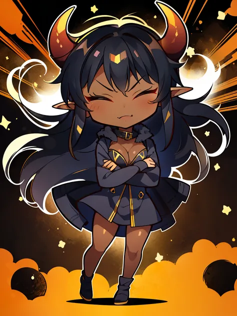 (((1girl,solo,25 years old,mature female,))),long hair, black hair,angry expression,smile,horns,elf ears,black scarf,cleavage,((dark skin)),chibi,full body,crossed arms,closed eyes