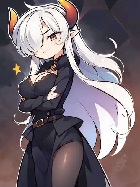 ((1adult woman,solo,milf,mature female)),lipstick,horns,smug,crossed arms,white hair,long hair,((black dress)),long cape,elf ears,(((hair over one eye))),chibi