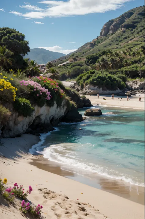 Paisaje realista de una playa con muchas flores 