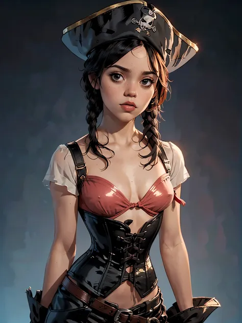 one girl, solo, (bust, upper body, front view:1.2), black eyes, jenna ortega, captain jack sparrow, pirate, pirate hat, pirate o...