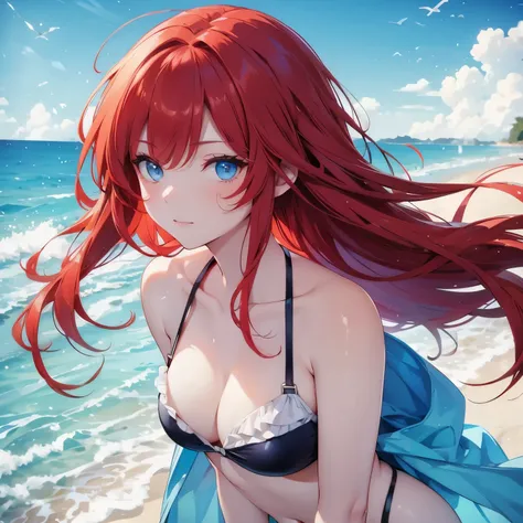 Red hair, blue eyes, beach