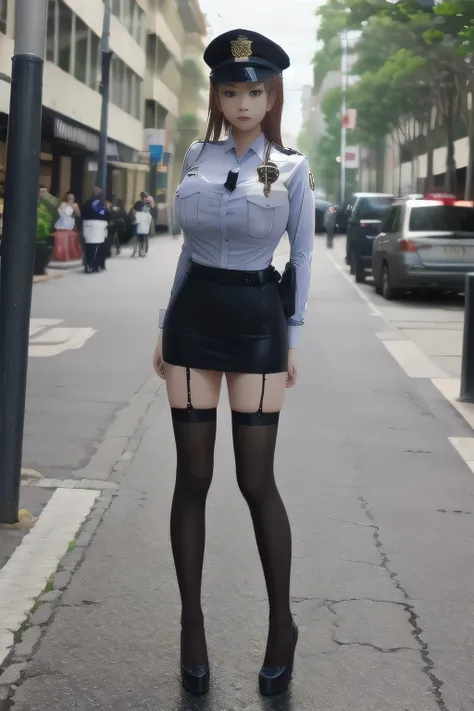 masterpiece, best quality, very aesthetic, absurdres, full body shot,(police costume:1.3), (button gap:0), police skirt, police ...