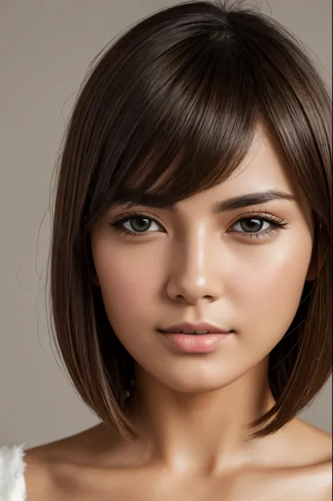 Photo of a South American woman in her late 20s, raw, Beautiful woman, (Light brown hair),　Loose and fluffy bob cut　Black eyes　((Portrait)), ((Detailed face:1.2)), ((detailed facial features)), (finely detailed skin), pale skin, , (cold color), moist, mois...