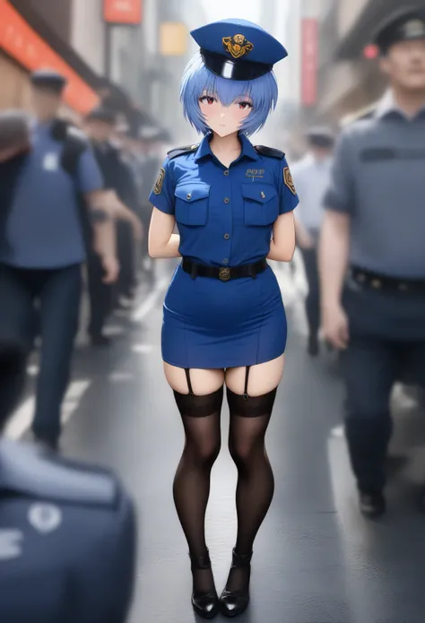masterpiece, best quality, very aesthetic, absurdres, full body shot,(police costume:1.3), (button gap:0), police skirt, police cap, stockings with garter, on the crowed street, 1girl, ayanami rei, neon genesis evangelion