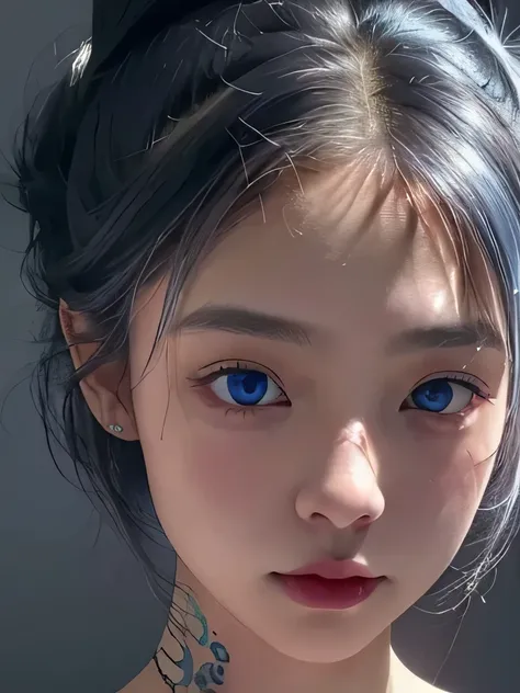 1 girl,light shines on your face, rosy lips, topknot, shining eyes, bun hair, surrealism, close, she is completely naked、masterpiece, Super detailed, advanced details, High resolution、she is naked、blue eyes、black background、Platinum Silver Hair、silver hair...