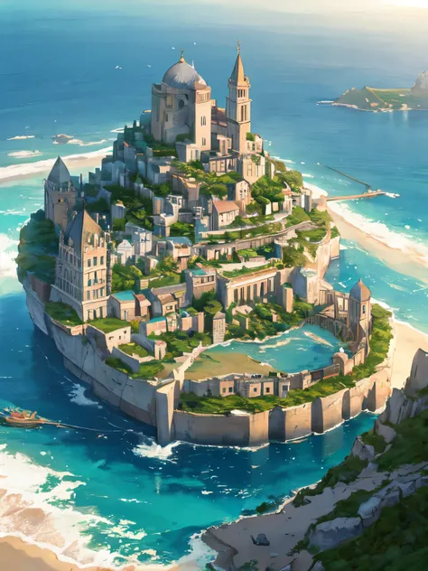 a  tower overlooking a sprawling city on an island with beaches and boats, highly detailed 4 k, very detailed, very intricate, realistic landscape, top down view. Stormy weather, a far view into the horizon, ships and boats. Wild landscape. A fishing villa...