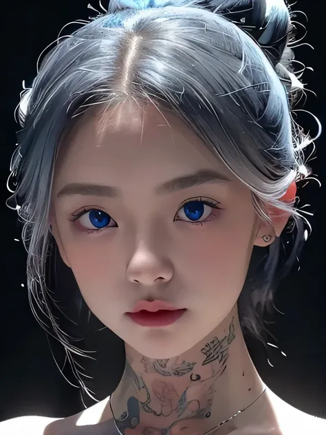 1 girl,light shines on your face, rosy lips, topknot, shining eyes, bun hair, surrealism, close, she is completely naked、masterpiece, Super detailed, advanced details, High resolution、she is naked、blue eyes、black background、Platinum Silver Hair、silver hair...