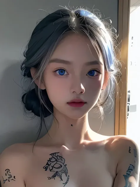 1 girl,light shines on your face, rosy lips, topknot, shining eyes, bun hair, surrealism, close, she is completely naked、masterpiece, Super detailed, advanced details, High resolution、she is naked、blue eyes、black background、Platinum Silver Hair、silver hair...