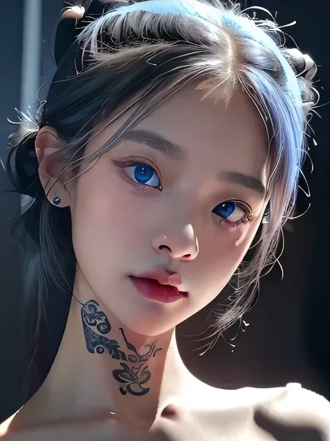 1 girl,light shines on your face, rosy lips, topknot, shining eyes, bun hair, surrealism, close, she is completely naked、masterpiece, Super detailed, advanced details, High resolution、she is naked、blue eyes、black background、Platinum Silver Hair、silver hair...