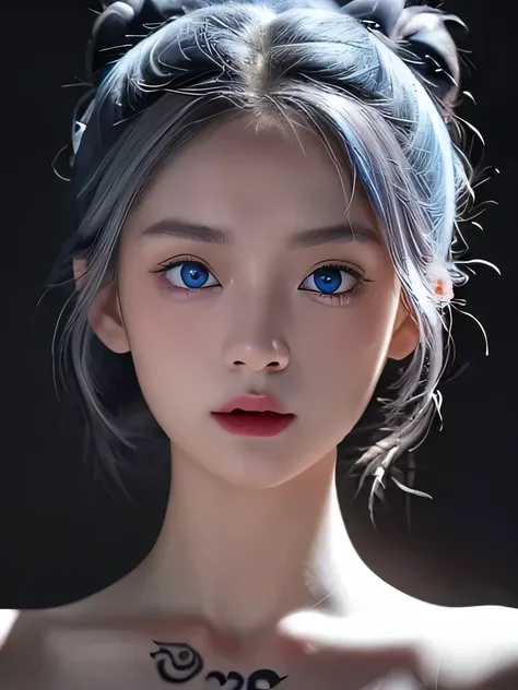 1 girl,light shines on your face, rosy lips, topknot, shining eyes, bun hair, surrealism, close, she is completely naked、masterpiece, Super detailed, advanced details, High resolution、she is naked、blue eyes、black background、Platinum Silver Hair、silver hair...