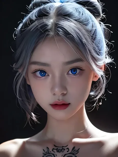 1 girl,light shines on your face, rosy lips, topknot, shining eyes, bun hair, surrealism, close, she is completely naked、masterpiece, Super detailed, advanced details, High resolution、she is naked、blue eyes、black background、Platinum Silver Hair、silver hair...