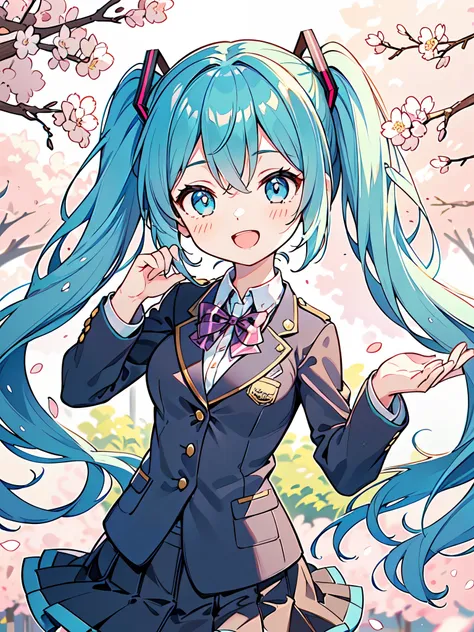 hatsune miku:1.8,((high school girl)), ((she wears a blazer uniform and a checked skirt.)), baby face, ((masterpiece, highest qu...