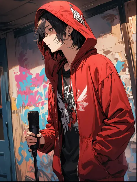 8K resolution, ((highest quality)), ((masterpiece)), ((super detailed)), (very delicate and beautiful)、Output in anime style、A man of strong conviction stands、He&#39;s a Japanese rapper trying to get his point across on the microphone.、He&#39;s wearing a h...