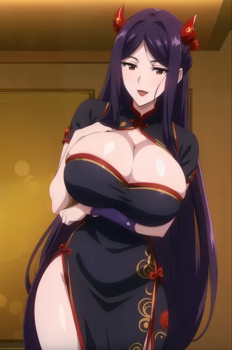 KijouYasha, purple hair, red eyes, red lips, very long hair, large breasts, detailed, hair ornament, oni horns, looking at viewer, 1girl, breasts, long hair, horns, solo, purple hair, dress, very long hair, huge breasts, chinese clothes, , exposed cleavage...