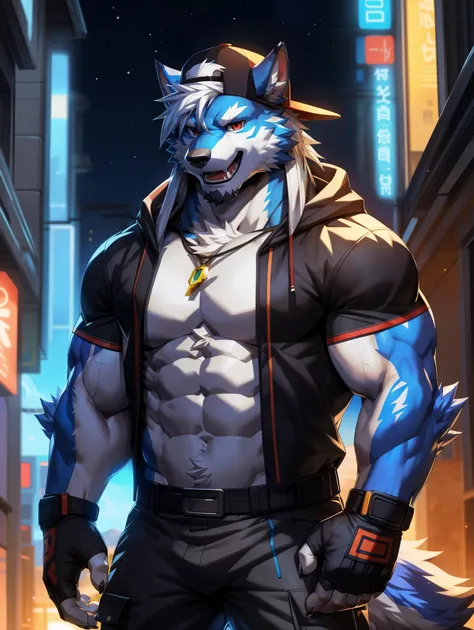 solo, anthro, furry, furry male, wolf, ((fluffy fur, fluffy, furry body)), (wolf print), red eyes, (backwards cap, baseball cap, snapback, (white hat)), hair tuft, long hair, (light blue body, blue body, muscles), wolf tail, ((white hair, mohawk hair)), (w...