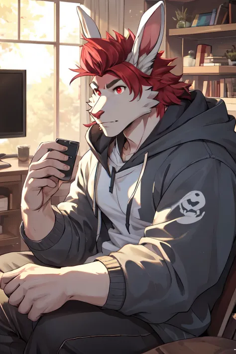 ((best quality)), ((masterpiece)), (detailed), perfect face, bara furry, rabbit man, big body, white skin, short quiff red hair, red eyes, perfect eyes, long rabbit ears, handsome, at home, blue hoodie, playing game