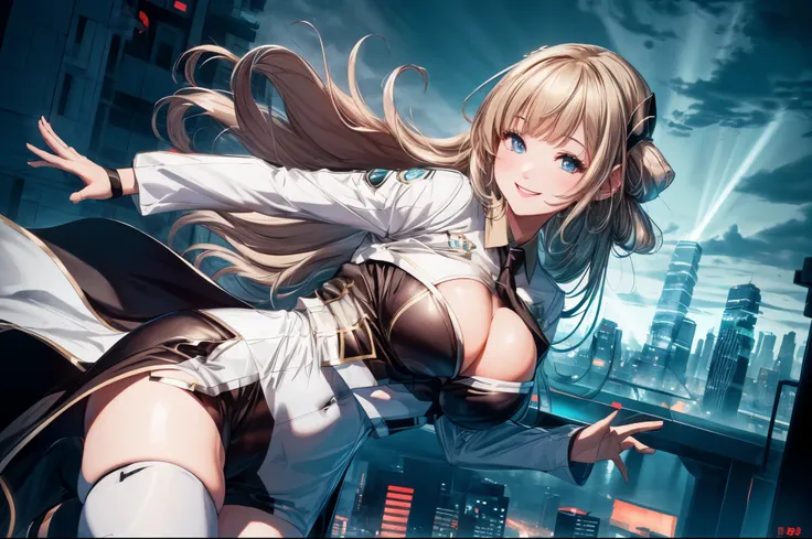 (8k, RAW photo, best quality, masterpiece:1.2), (cityscape),1girl,(sky striker ace raye),,professional lighting, photon mapping, radiosity , ((thin)), enormous huge breasts,(blue eyes),(minimal clothes),(cleavage),(smile), Blond hair, black headdress.Dark ...