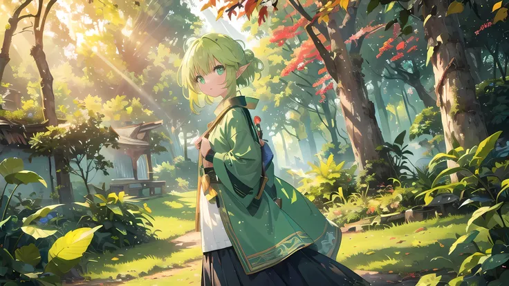 (1girl, solo), alluring forest elf, archer, mysterious, (green to yellow) hair, plait-hair, plait hairstyle, green eyes, cute face, youthful body. She is living in close touch with nature. She is wearing (creative forest-clothes). She is walking in a fores...