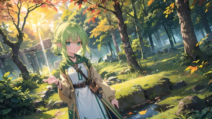 (1girl, solo), alluring forest elf, archer, mysterious, (green to yellow) hair, plait-hair, plait hairstyle, green eyes, cute face, youthful body. She is living in close touch with nature. She is wearing elegant (creative forest-clothes). She is walking in...