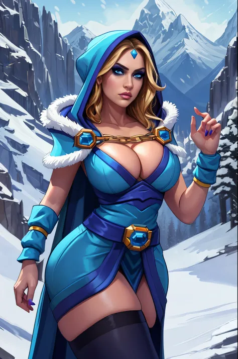 (masterpiece, best quality:1.2), solo, 1girl, crystalmaiden, makeup, serious, looking at viewer, standing, blue dress, hood, fur trim, blue cape, pelvic curtain, arm warmers, black thighhighs, jewelry, cleavage, outdoors, snowing, mountain