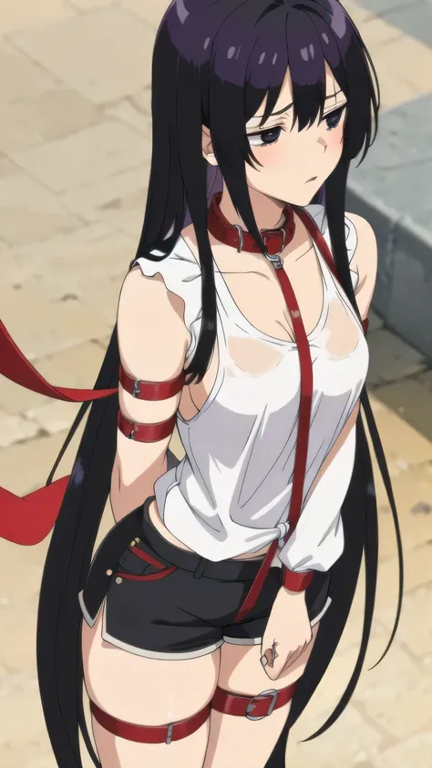 32((collar,leash,tied up,bondage,scared expression)),black hair,black eyes,shorts,top-tank
