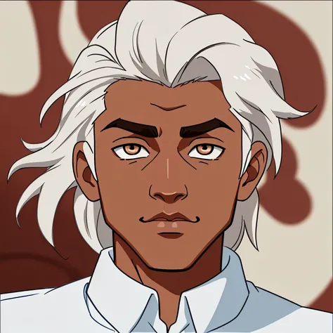 Male, teenager, brown skin, white mullet hair, white iris eyes.