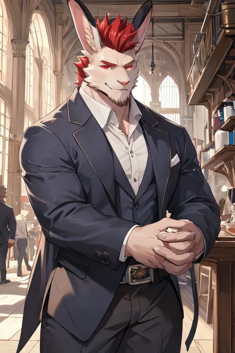 ((best quality)), ((masterpiece)), (detailed), perfect face, bara furry, rabbit man, big body, white skin, short quiff red hair, red eyes, perfect eyes, long rabbit ears, handsome, at company, blue suit