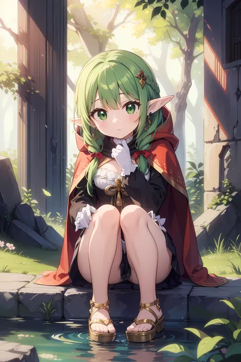 masterpiece, best quality, (alone, forest elf)， green hair，long plait hairstyle，green eyes, light-brown-white-black clothes, red cape, hood, skirt, gloves, long sleeves, brown (medieval-roman-sandals up to knees), flower-hair-accessory, long earrings, midd...