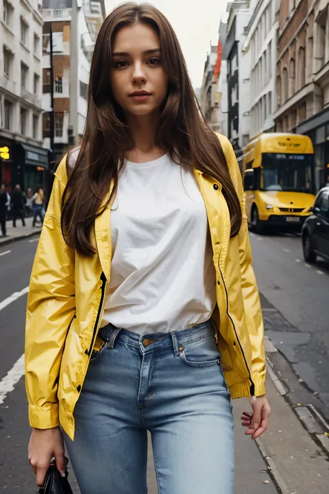 Girl,sexy,long brown hair, white shirt, jeans, yellow jacket, London