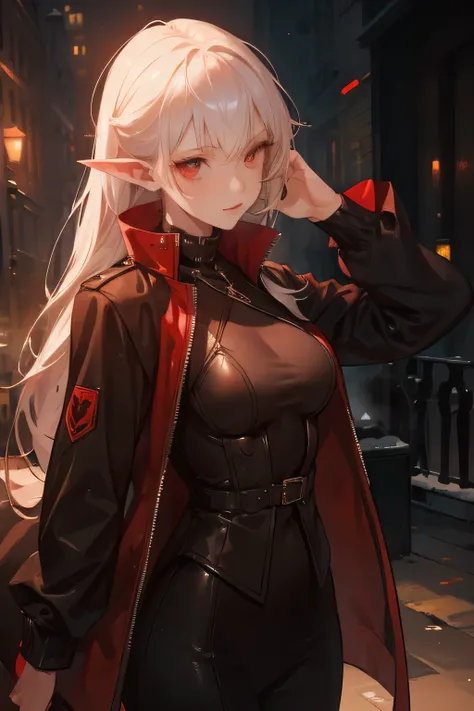 Girl, pointy ears, red eyes, wearing a jacket and leather cause, vampire, 4k,