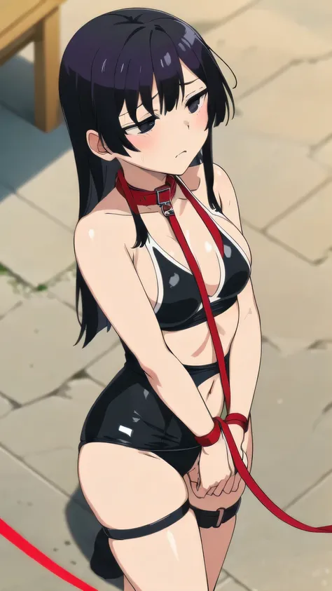 ((collar,leash,tied up,bondage,looking disgusted)),black hair,black eyes,((school swimsuit))
