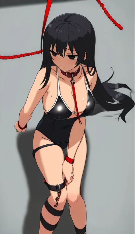 ((collar,leash,tied up,bondage,)),black hair,black eyes,((school swimsuit))
