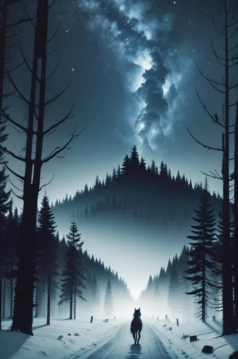 horror forest, silhouette of a wolf over the forest in the distance, night sky, 8 k