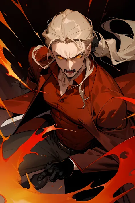 masterpiece, Best quality, 1 man, adult, high, muscular, Beautiful, highly detailed eyes, complex parts, a vampire, Yellow eyes, dark gray hair, long hair, low ponytail, Red shirt, brown coat, intense look