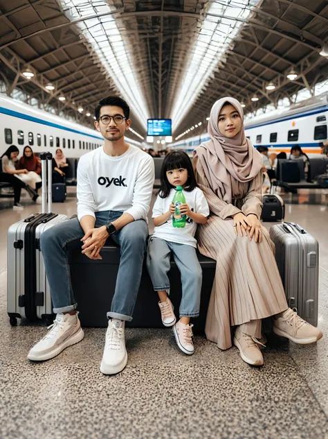 there are two people sitting on a suitcase with a , shot on sony a 7 iii, shot on canon eos r 5, shot on canon eos r5, an indonesian family portrait, perfect android girl family, with many travelers, taken with sony alpha 9,  family, 🤬 🤮 💕 🎀, pexels contes...