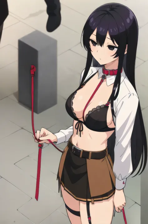 ((collar,leash,tied up,bondage,)),black hair,black eyes,((belt bra,mini skirt))
