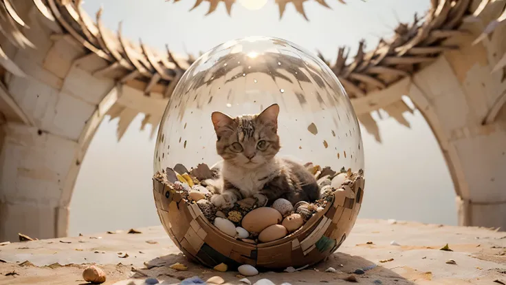 ((best A whimsical and surreal illustration of a tiny cat, cozily nestled inside a massive, intricately detailed egg. The eggshell is decorated with floral patterns and appears semi-transparent, allowing the cat to be visible. The cat itself has a playful ...