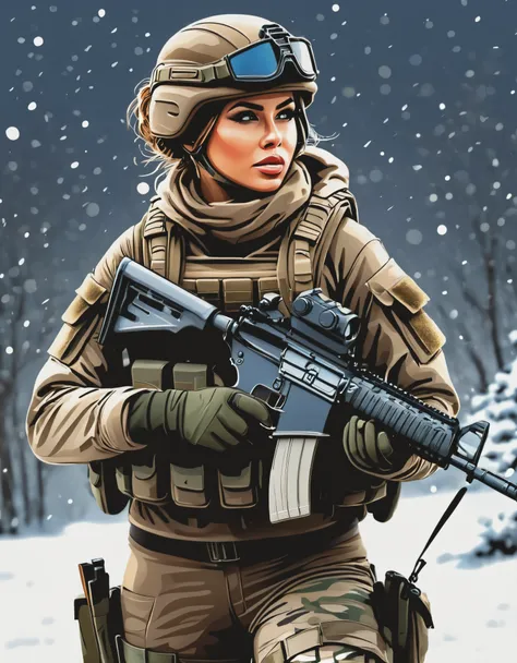 (Vector art:1.4),(photorealistic), beautiful lighting, best quality, realistic, full body portrait, real picture, intricate details, depth of field, 1girl, in a cold snowstorm, A very muscular solider girl with haircut, wearing winter camo military fatigue...