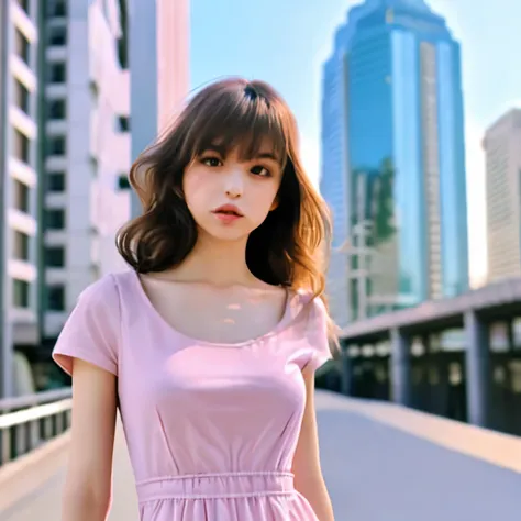 ，medium breasts，perfect face and style，slim belly，wavy long hair，Taffy pink mini dress that looks like a T-shirt，city background，The whole body is reflected on camera，front，hanging a bag，Japanese，white socks，thick chest