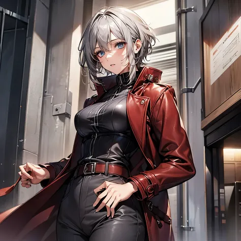 (mature woman１name), (gray hair, super short:1.3), blue colored eyes, (medium breasts), (red leather long coat), belt, pants, office, masterpiece, high quality, 